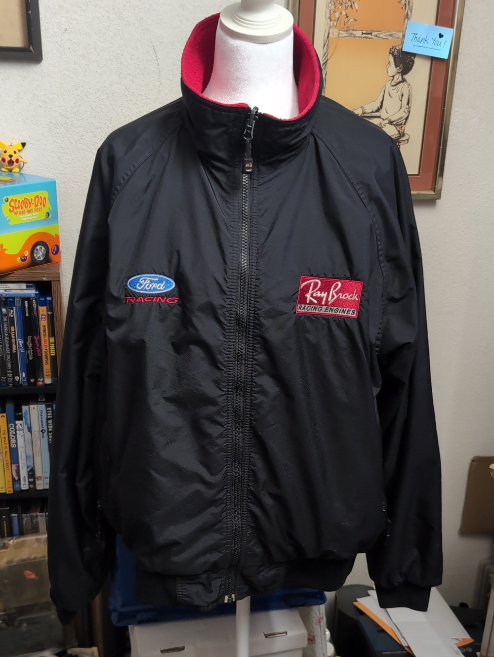 Ford Racing Black Jacket with Red Collar Ray Brock Racing Patch L Vintage